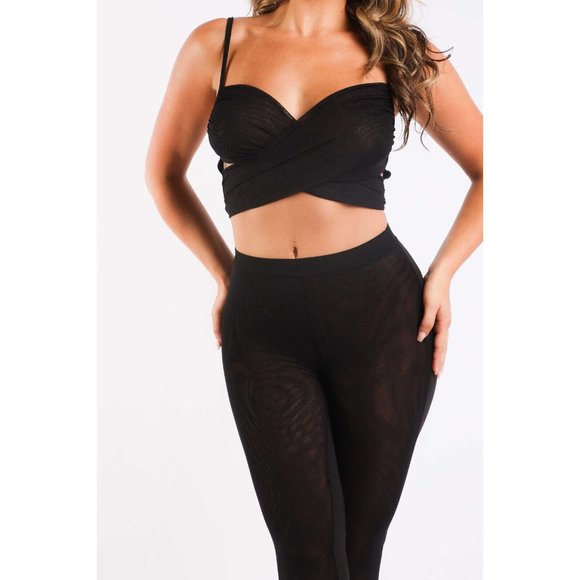 Women's Front Mesh Contrast Sets Casual Sports Strappy Sleeve Top and Leggings - Picture 6 of 12